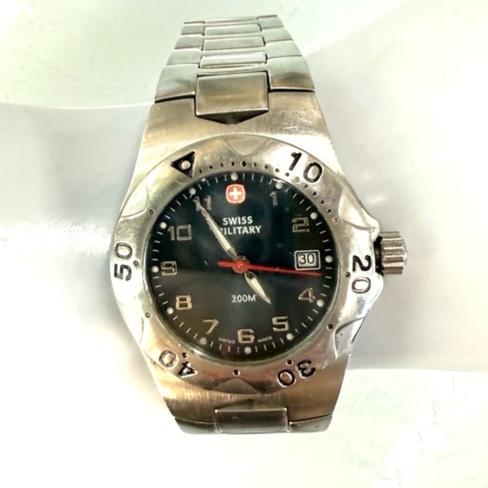 Swiss Military 200M Quartz Watch Black Dial Date SS 30mm New Battery